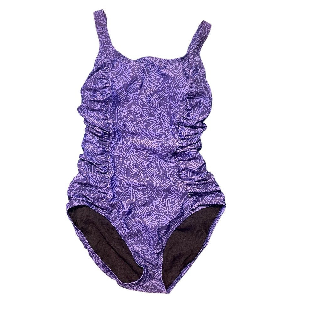 Speedo Womens Purple Abstract Ruched One Piece Swimsuit‎ 16